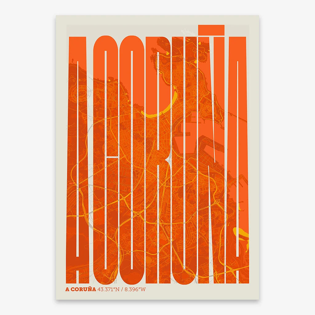 Decorative map of A Coruña and letters of its name in a giclée print designed in orange and an off-white background