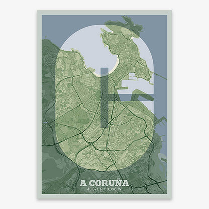 Decorative print of A Coruña composed with letters in a heavy geometric font printed on two green tones