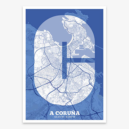Decorative print of A Coruña composed with letters in a heavy geometric font printed on navy blue and white