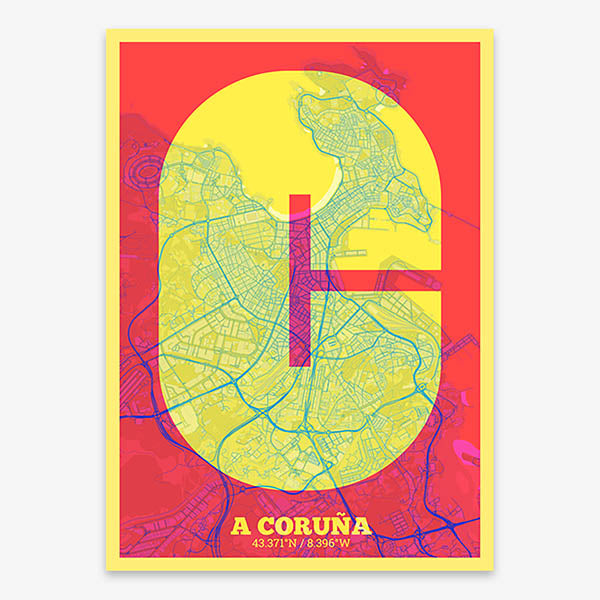 Decorative print of A Coruña composed with letters in a heavy geometric font printed on yellow and fuchsia