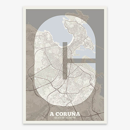 Decorative print of A Coruña composed with letters in a heavy geometric font printed on light brown and an off-white background