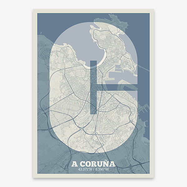 Decorative print of A Coruña composed with letters in a heavy geometric font printed on bluish gray and an off-white background