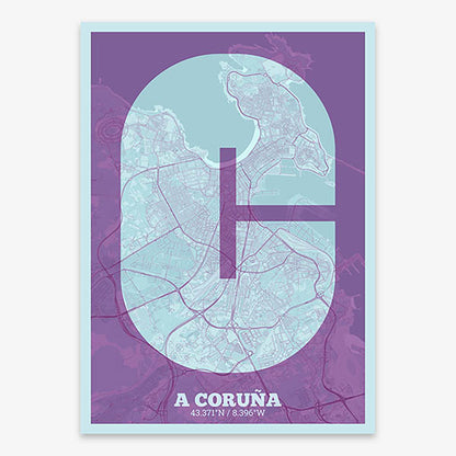 Decorative print of A Coruña composed with letters in a heavy geometric font printed on purple and light blue