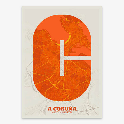 Decorative print of A Coruña composed with letters in a heavy geometric font printed on orange and an off-white background
