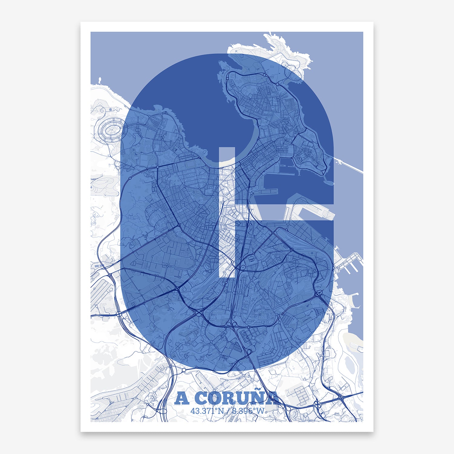 The map of A-Coruna composed with letters in a heavy geometric font printed on navy blue and white