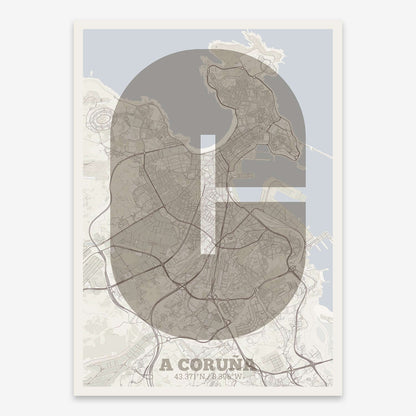 The map of A-Coruna composed with letters in a heavy geometric font printed on light brown and an off-white background