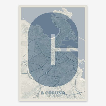 The map of A-Coruna composed with letters in a heavy geometric font printed on bluish gray and an off-white background