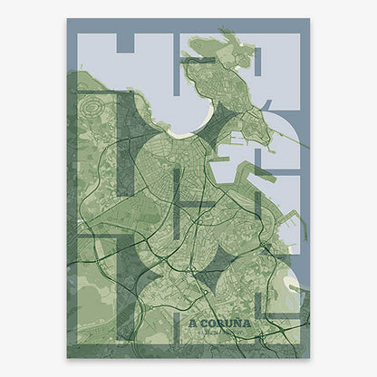 Poster of A Coruña composed with letters from its abbreviation or its airport IATA code printed on two green tones