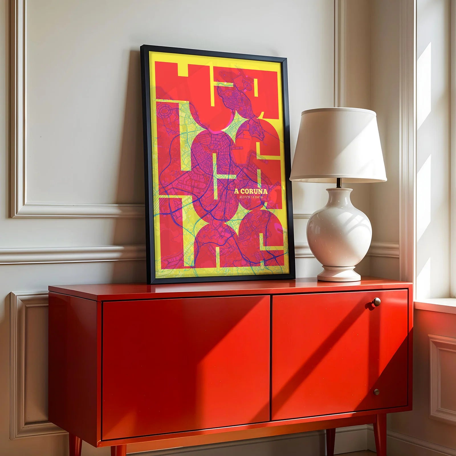 Póster artístico de A Coruña con tipografía geométrica - Decoración personalizada