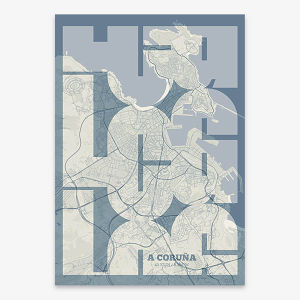 Poster of A Coruña composed with letters from its abbreviation or its airport IATA code printed on bluish gray and an off-white background
