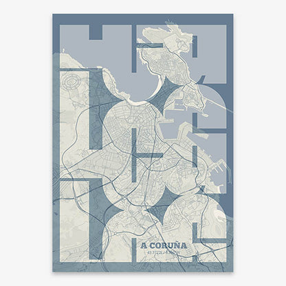 Poster of A Coruña composed with letters from its abbreviation or its airport IATA code printed on bluish gray and an off-white background