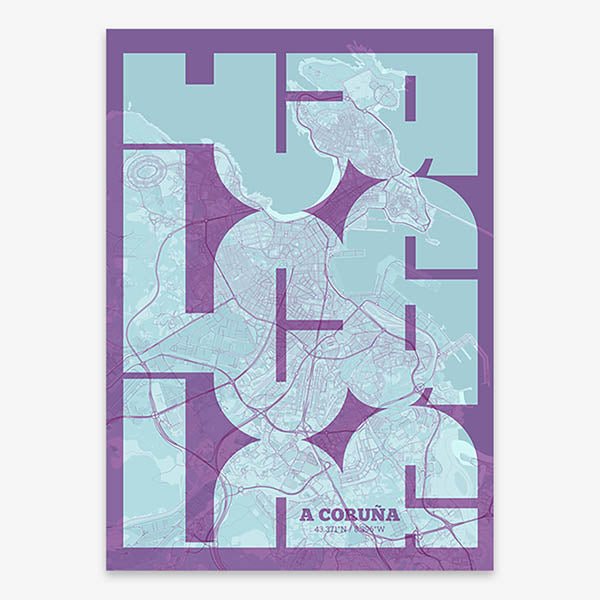 Poster of A Coruña composed with letters from its abbreviation or its airport IATA code printed on purple and light blue