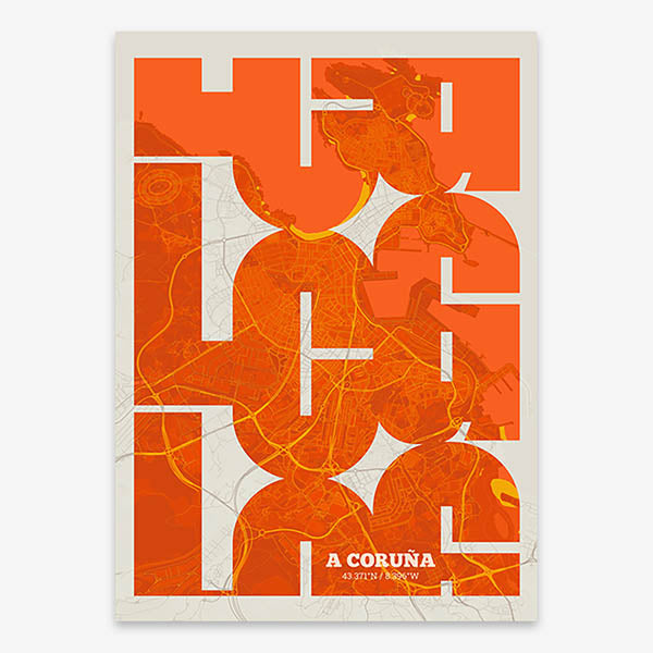 Poster of A Coruña composed with letters from its abbreviation or its airport IATA code printed on orange and an off-white background