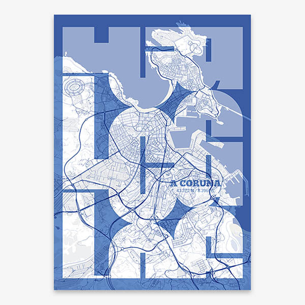 Poster of A Coruña composed with letters from its abbreviation or its airport IATA code printed on navy blue and white