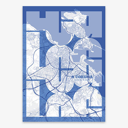 Poster of A Coruña composed with letters from its abbreviation or its airport IATA code printed on navy blue and white