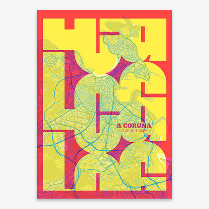 Poster of A Coruña composed with letters from its abbreviation or its airport IATA code printed on yellow and fuchsia