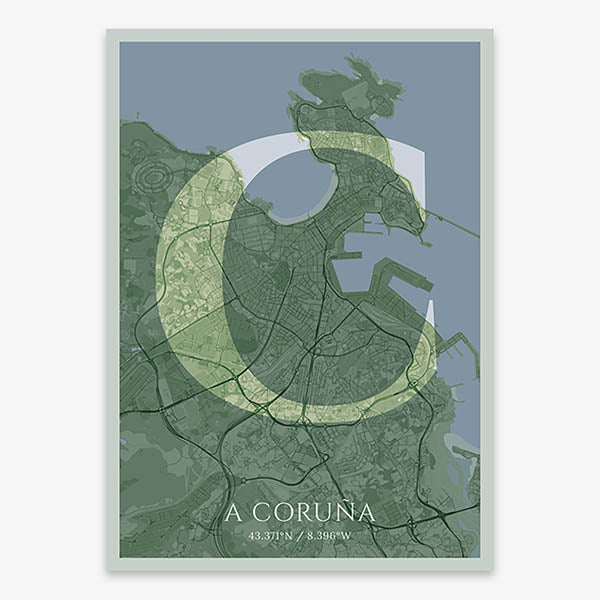 Decorative map of A Coruña composed with letters in serif font printed on two green tones