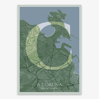 Decorative map of A Coruña composed with letters in serif font printed on two green tones