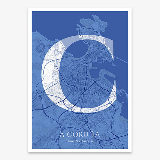 Decorative map of A Coruña composed with letters in serif font printed on navy blue and white