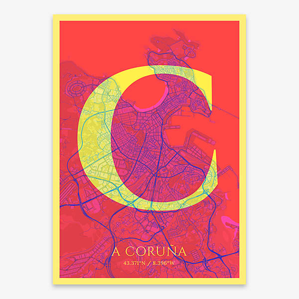 Decorative map of A Coruña composed with letters in serif font printed on yellow and fuchsia