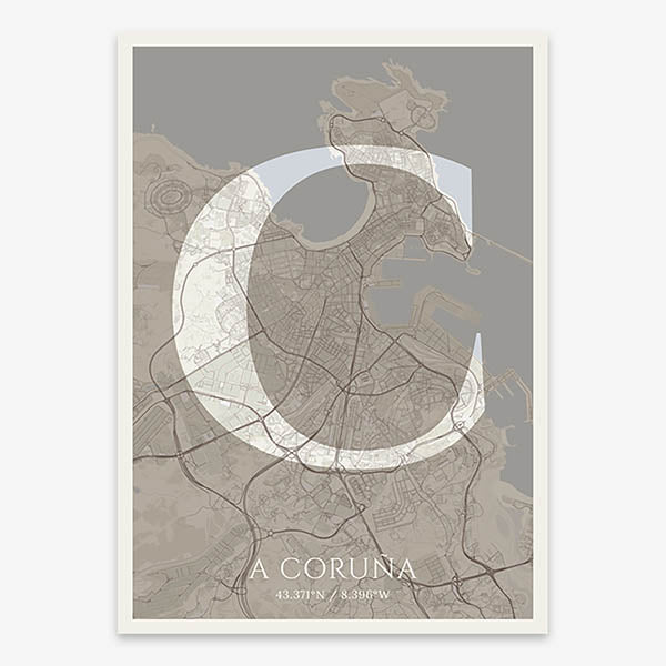 Decorative map of A Coruña composed with letters in serif font printed on light brown and an off-white background