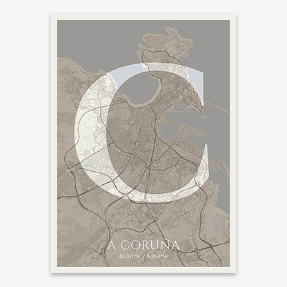 Decorative map of A Coruña composed with letters in serif font printed on light brown and an off-white background