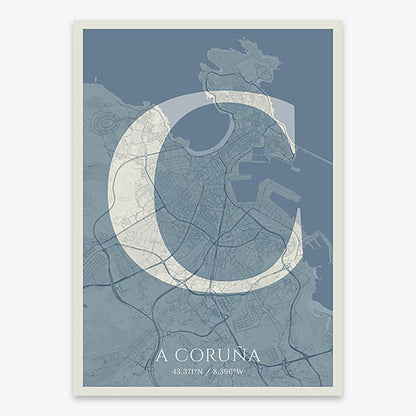 Decorative map of A Coruña composed with letters in serif font printed on bluish gray and an off-white background