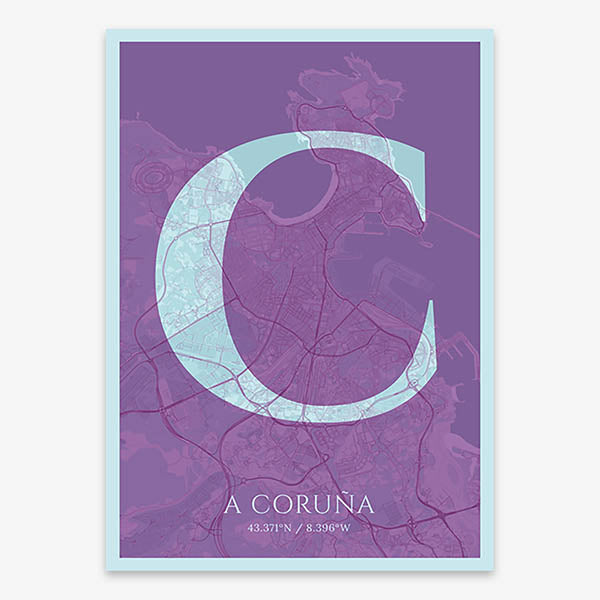 Decorative map of A Coruña composed with letters in serif font printed on purple and light blue