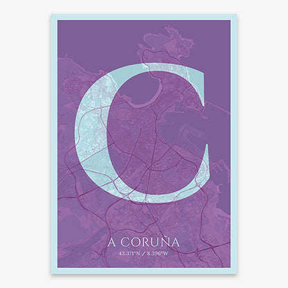 Decorative map of A Coruña composed with letters in serif font printed on purple and light blue