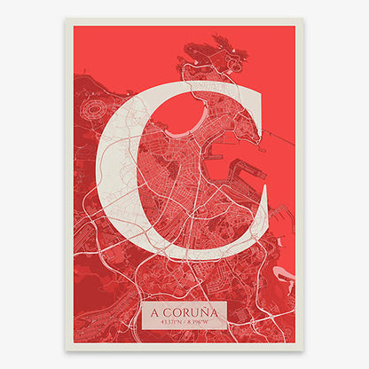 Decorative map of A Coruña composed with letters in serif font printed on red and an off-white background