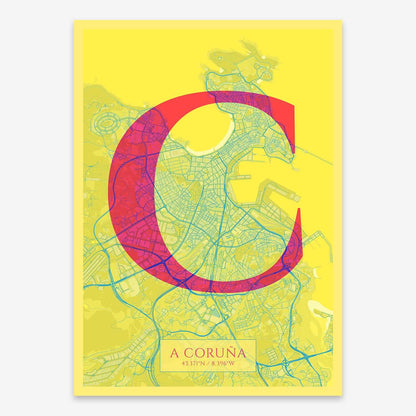 The map of A-Coruna composed with letters in serif font printed on yellow and fuchsia