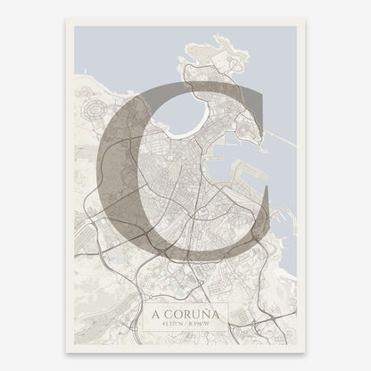 The map of A-Coruna composed with letters in serif font printed on light brown and an off-white background