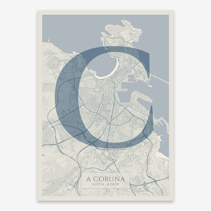 The map of A-Coruna composed with letters in serif font printed on bluish gray and an off-white background