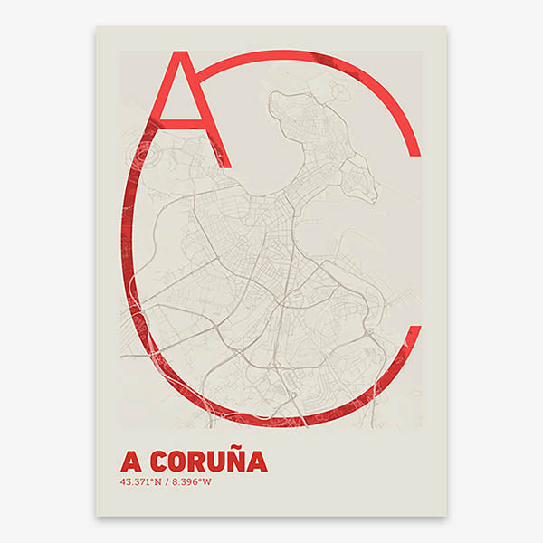 Poster of A Coruña composed with letters in extra light font printed on red and an off-white background