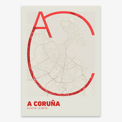 Poster of A Coruña composed with letters in extra light font printed on red and an off-white background