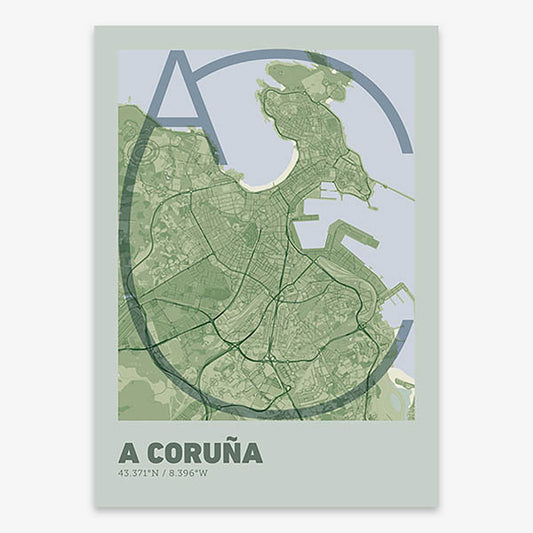 Poster of A Coruña composed with letters in extra light font printed on two green tones