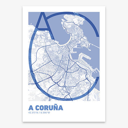 Poster of A Coruña composed with letters in extra light font printed on navy blue and white