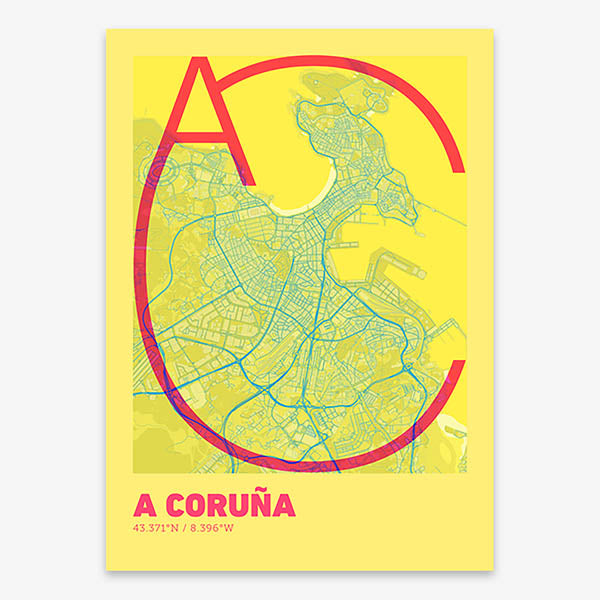 Poster of A Coruña composed with letters in extra light font printed on yellow and fuchsia