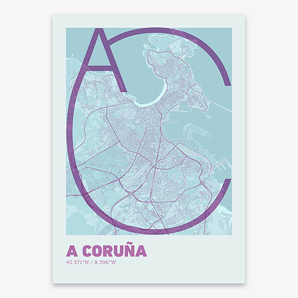 Poster of A Coruña composed with letters in extra light font printed on purple and light blue