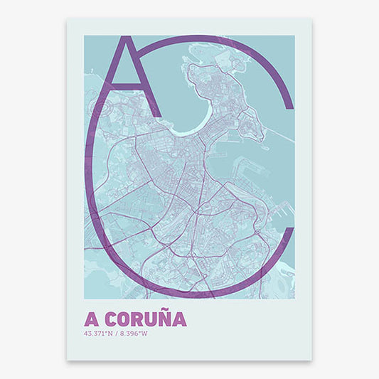 Poster of A Coruña composed with letters in extra light font printed on purple and light blue
