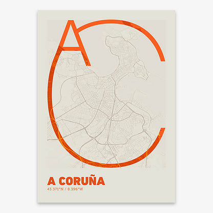 Poster of A Coruña composed with letters in extra light font printed on orange and an off-white background