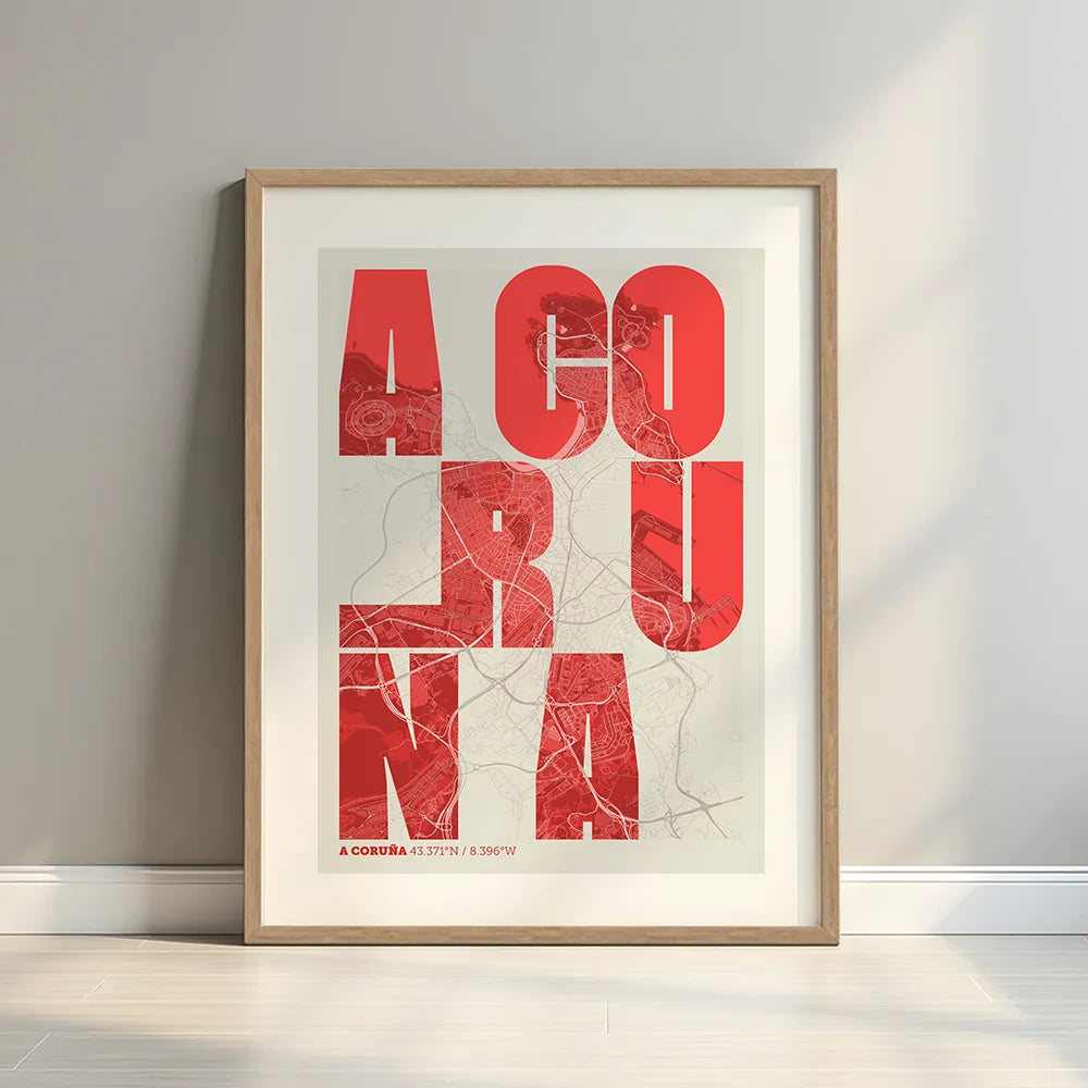 Lámina creativa de A Coruña – Diseño gráfico y tipografía sobre mapa