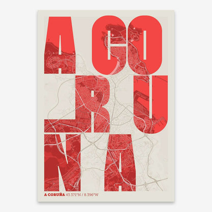 The map of A-Coruna with letters of its name placed randomly, designed in red and an off-white background