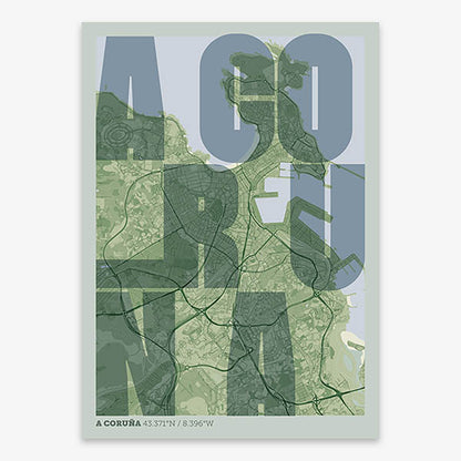 Decorative print of A Coruña with letters of its name placed randomly, designed in two green tones
