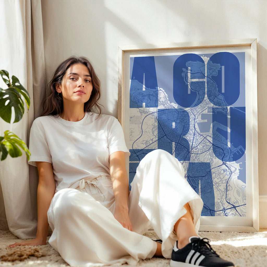 Lámina creativa de A Coruña – Diseño gráfico y tipografía sobre mapa