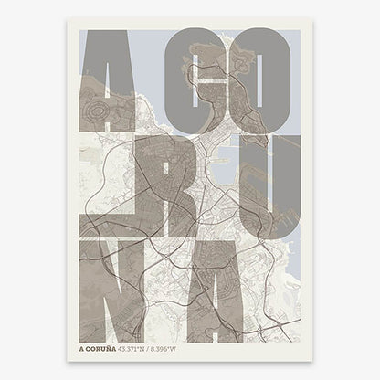 Decorative print of A Coruña with letters of its name placed randomly, designed in light brown and an off-white background