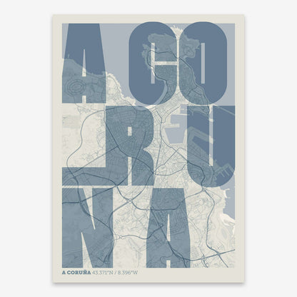 The map of A-Coruna with letters of its name placed randomly, designed in bluish gray and an off-white background