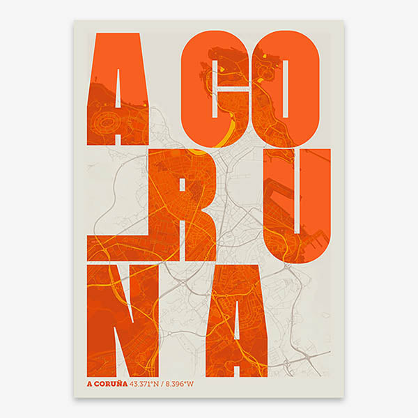 Decorative print of A Coruña with letters of its name placed randomly, designed in orange and an off-white background
