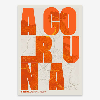 The map of A-Coruna with letters of its name placed randomly, designed in orange and an off-white background