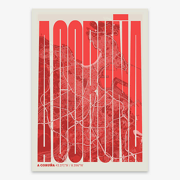 Decorative map of A Coruña and letters of its name in a giclée print designed in red and an off-white background